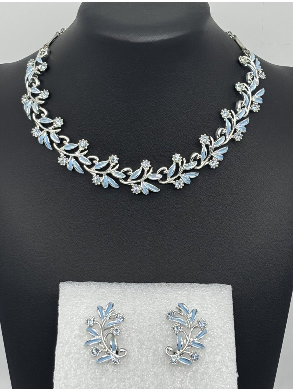Vintage Necklace Clip-On Earrings Set Floral Blue Enamel W/ Rhinestones Unsigned